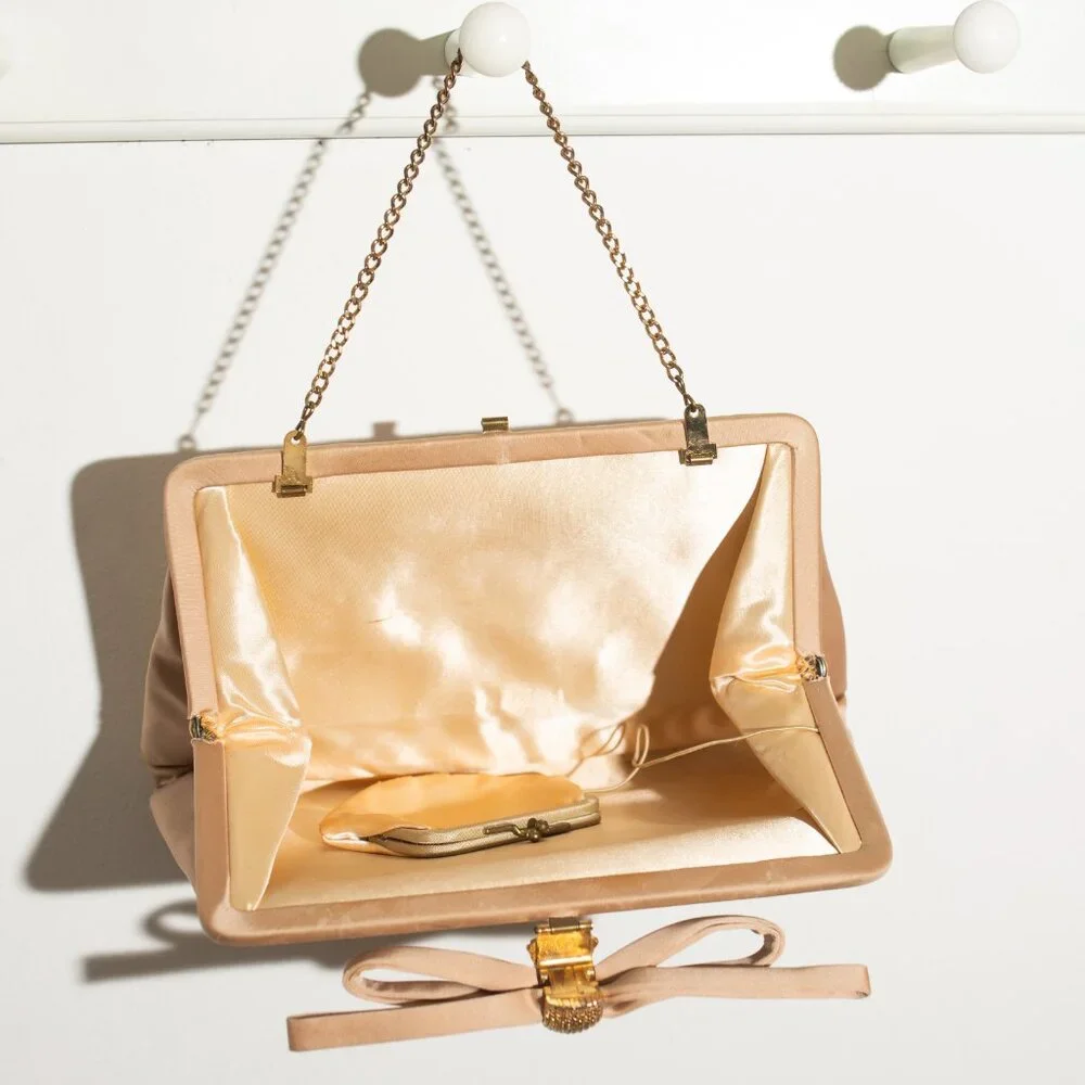Gold Satin Bow Evening Bag with Chain - Picture 3 of 5